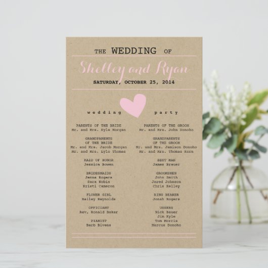 Simple Heart Wedding Program (Staand voorkant)