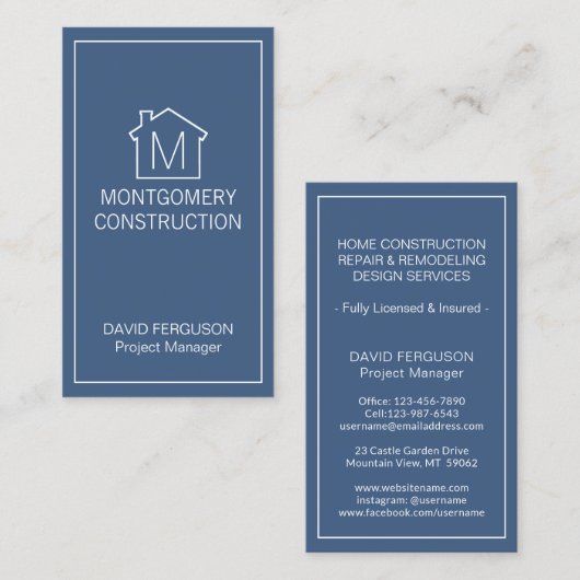 Simple Home Logo Monogram Vertical Navy Blue White Visitekaartje (Voorkant / Achterkant)