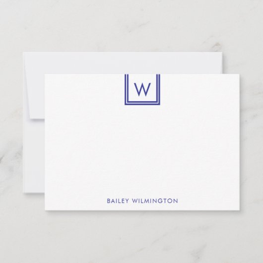Simple Initial in Box Deep Blue Stationery Notitiekaartje (Voorkant)