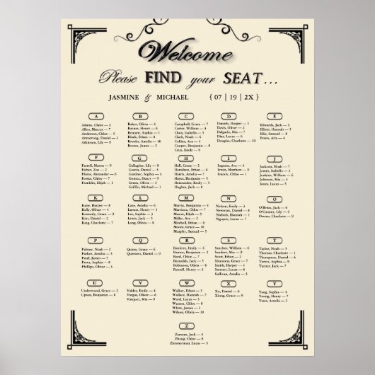 Simple Ivory Alphabetical Wedding Seating Chart Poster (Voorkant)
