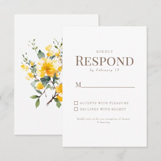 Simple Jaune Floral Or Texte Mariage Blanc RSVP (Devant / Derrière)
