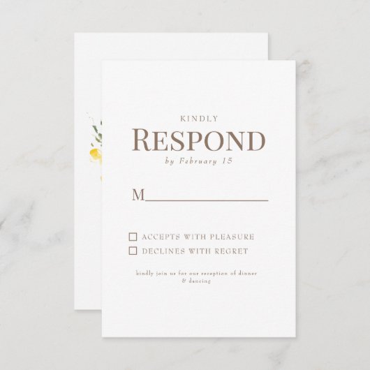 Simple Jaune Floral Texte Or Blanc Mariage RSVP (Devant / Derrière)