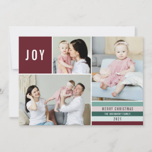 Simple Joy 3 Photo Collage Modern Stripes Maroon Feestdagenkaart