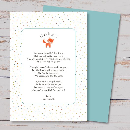 Simple Little Fox merci note avec poème