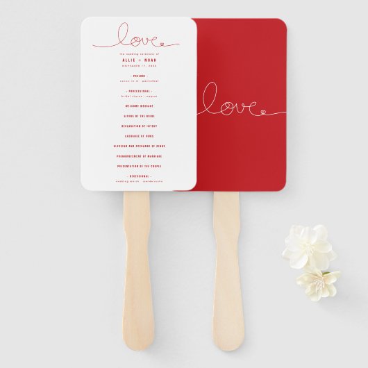 Simple Loopy Love Lines Red Heart Wedding Programm Handwaaier (Voorkant en achterkant)