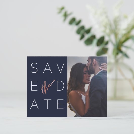 Simple Mariage Photo Rose Gold Navy Faire-Part de (Debout devant)