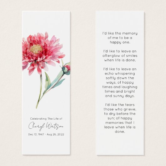 Simple marque-page mémorial funéraire Chrysanthème (Devant & derrière)