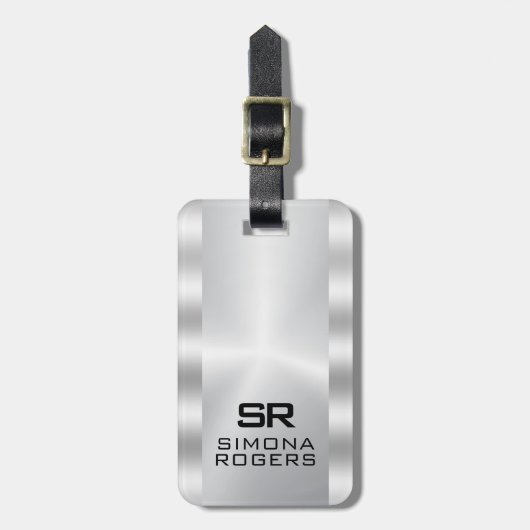 Simple, Metallic Silver Personalized Gry Text Bagagelabel (Voorkant verticaal)