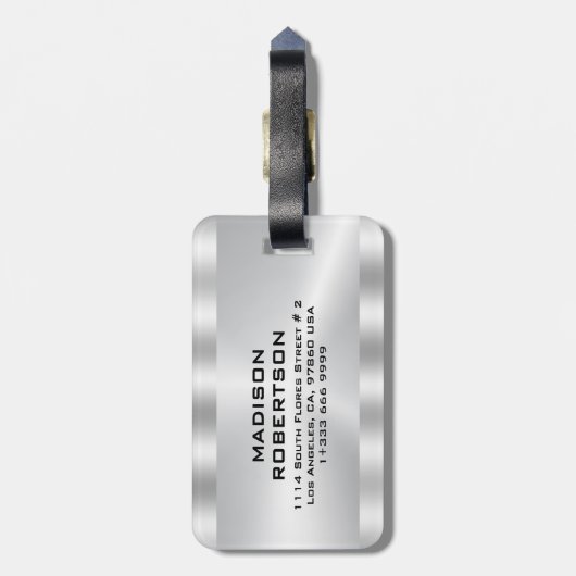 Simple, Metallic Silver Personalized Gry Text Bagagelabel (Achterkant verticaal)