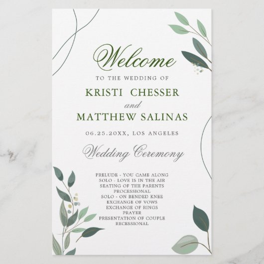 Simple minimal Eucalyptus Programme de mariage ver (Devant)