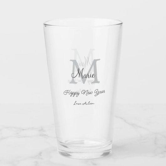 simple minimal happy new year monogram gray name glas (Voorkant)