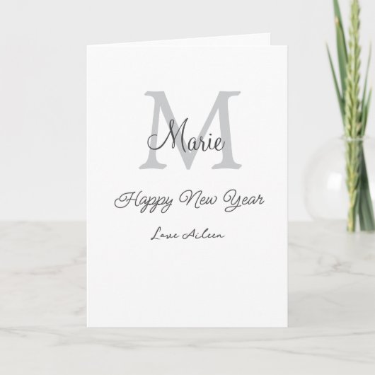 simple minimal happy new year monogram gray name kaart (Voorkant)