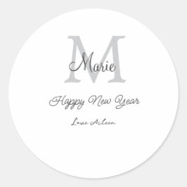 simple minimal happy new year monogram gray name  ronde sticker