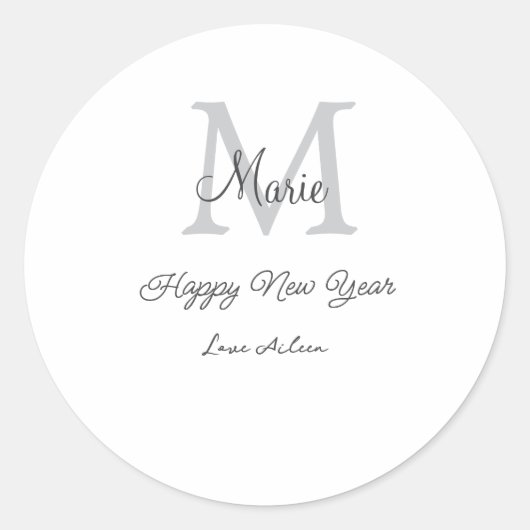 simple minimal happy new year monogram gray name ronde sticker (Voorkant)