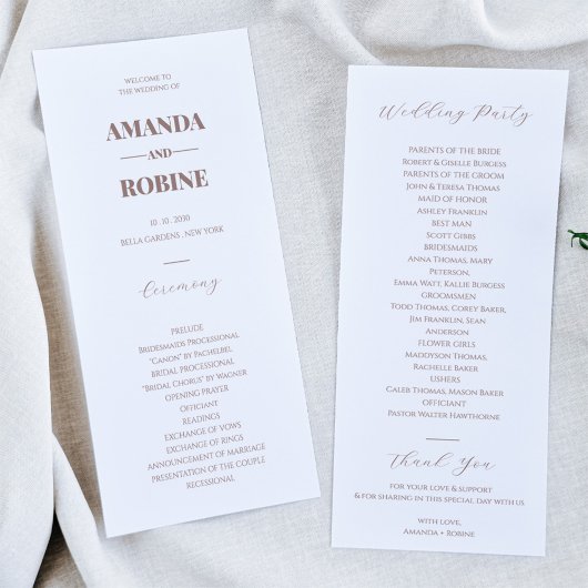 Simple minimaliste Brown Élégant Mariage Programme