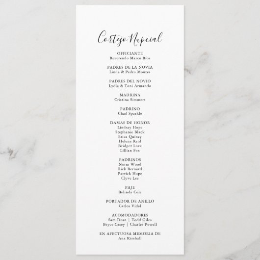 Simple minimaliste programme de mariage espagnol (Dos)