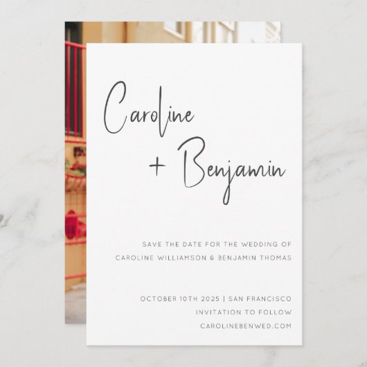 Simple Modern Black White Script Photo Weddenschap Save The Date (Voorkant / Achterkant)