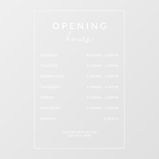 Simple Modern Business Opening Hours Transparent Raamsticker (Vel)