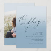 Simple Modern Dusty Blue Navy Photo Wedding Kaart (Voorkant / Achterkant)