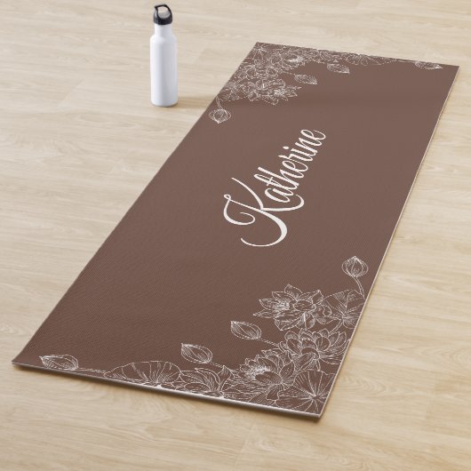 Simple Modern Floral Script Name Brown Lotus Yogamat (In situ)