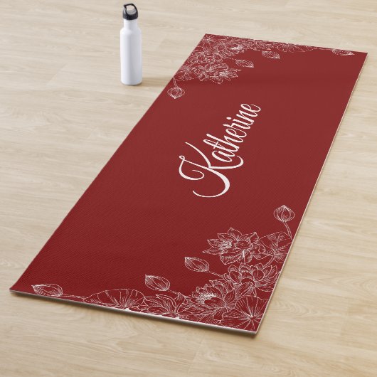 Simple Modern Floral Script Name Burgundy Lotus  Yogamat (In situ)