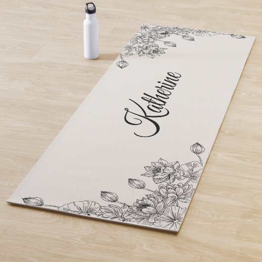 Simple Modern Floral Script Name Cream Lotus Yogamat (In situ)