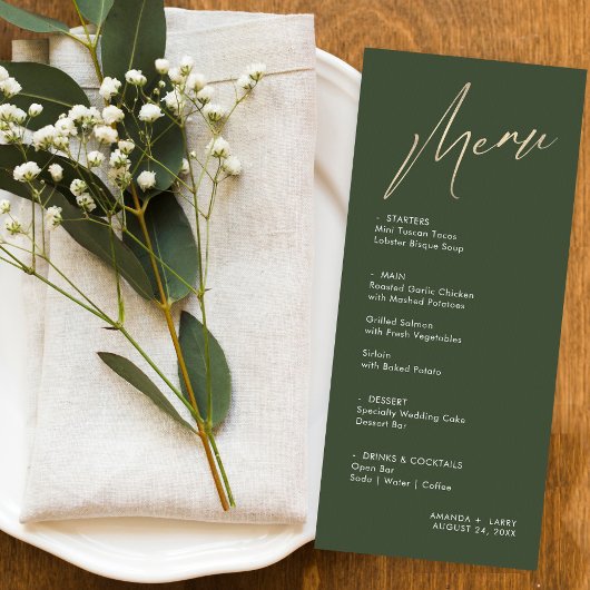 Simple & Modern Green and Gold Wedding Menu Kaart