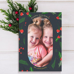Simple Modern Holly Berries Foto Folie Feestdagen Briefkaart