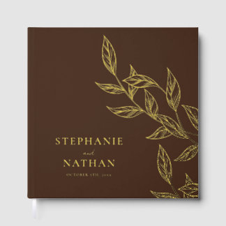 Simple Modern Leaves Dark Brown Wedding Gold Gastenboek