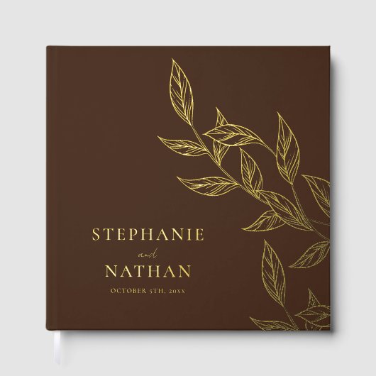 Simple Modern Leaves Dark Brown Wedding Gold Gastenboek (Voorkant)