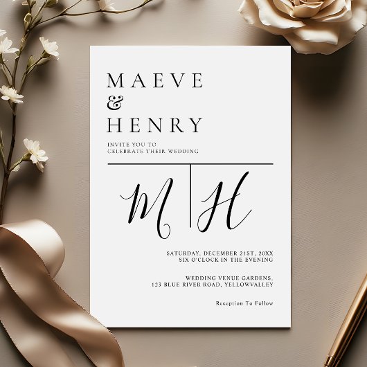 Simple Modern Line Monogram Wedding Kaart