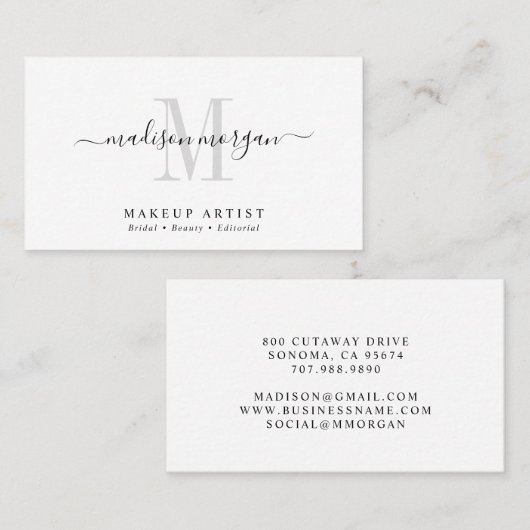 Simple Modern Makeup Artist Script Monogram Visitekaartje (Voorkant / Achterkant)