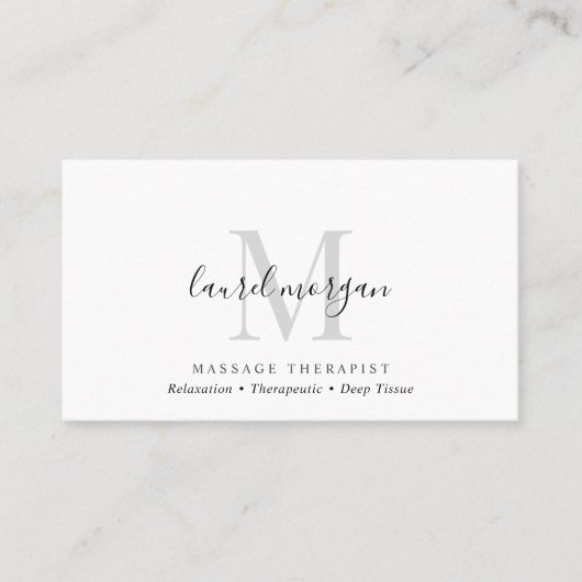Simple Modern Massage Therapist Script Monogram Visitekaartje (Voorkant)