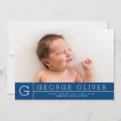 Simple Modern Monogram Navy Blue Photo Birth Aankondiging (Voorkant)
