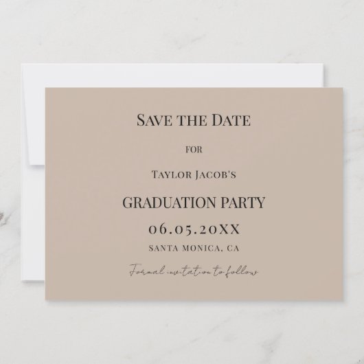 Simple modern photo mocha beige guy Graduation Save The Date (Achterkant)