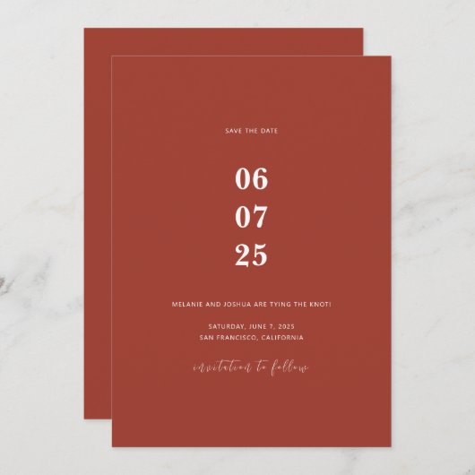 Simple Modern Save the Date Card | Terracotta (Devant / Derrière)
