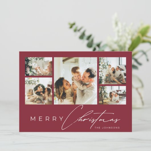 Simple Modern Script Photo Collage Red Christmas Feestdagenkaart (Staand voorkant)