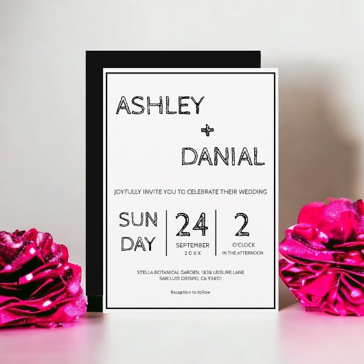 Simple Modern Sketch Script Black White Wedding Kaart