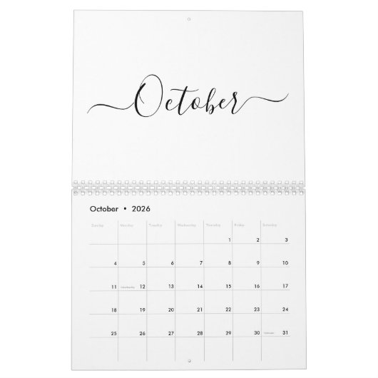 Simple modern white and black script month custom kalender (Okt 2026)