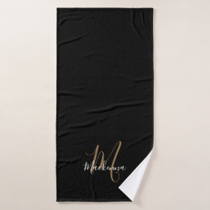 Simple Moderne Black Gold Monogram Script Name Badhanddoek