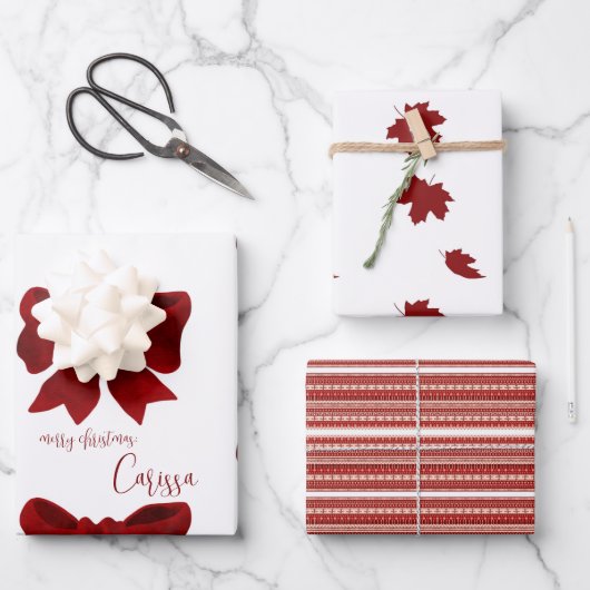 Simple moderne Feuille d'érable rouge Bow de Noël (Recto)