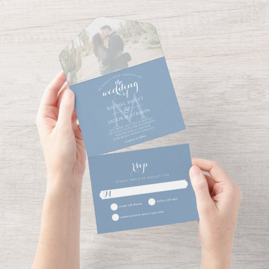 Simple Monogram Dusty Blue Photo Wedding All In One Uitnodiging (Afscheurbaar)