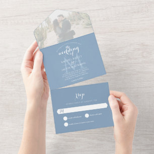 Simple Monogram Dusty Blue Photo Wedding All In One Uitnodiging