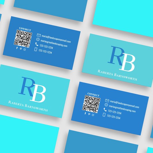 Simple Monogram QR Code Blue | Connect with Me Visitekaartje