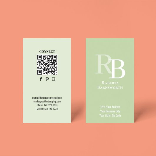 Simple Monogram QR Code Green | Connect with Me Visitekaartje