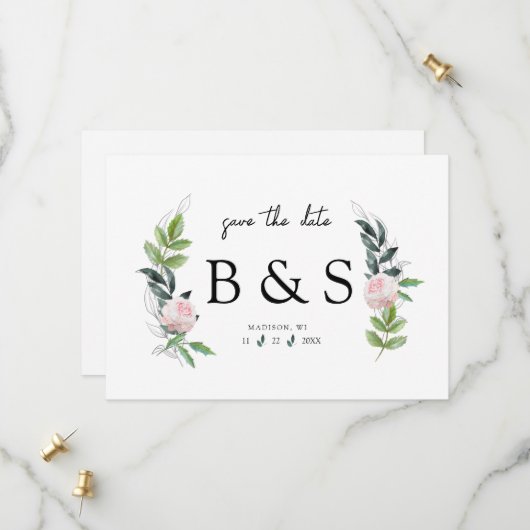 Simple Monogramme Floral Rose Save The Date (Devant/Arrière en situation)