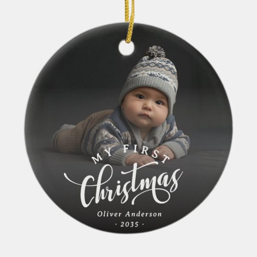 Simple My First Christmas Calligraphy Script Photo Keramisch Ornament (Voorkant)