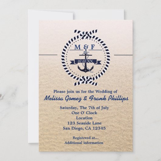 Simple Nautique Sandy Beach Wedding Invitation (Devant)