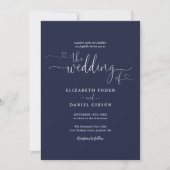 Simple Navy Blue Hearts Script Photo Weddenschap Kaart (Voorkant)