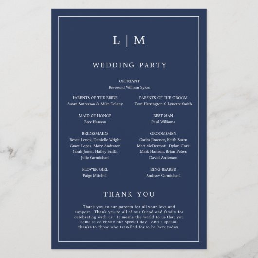 Simple Navy Blue Monogram Élégant programme de mar (Dos)